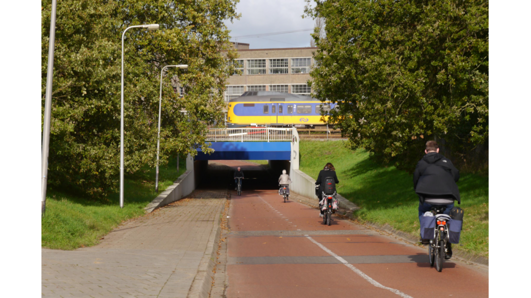 Fietsers rijden een tunnel in, bovenlangs komt een trein voorbij.