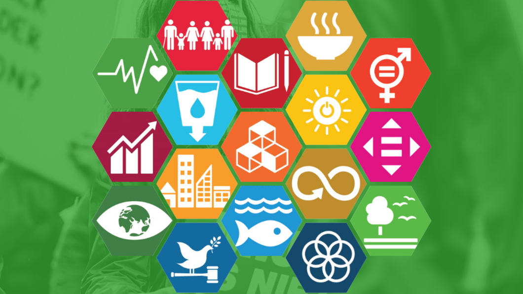 De 17 icoontjes van de SDG's in een raster. Bovenaan staat 'verkiezingsprogramma 2022' en onderaan 'GroenLinks Zwolle'