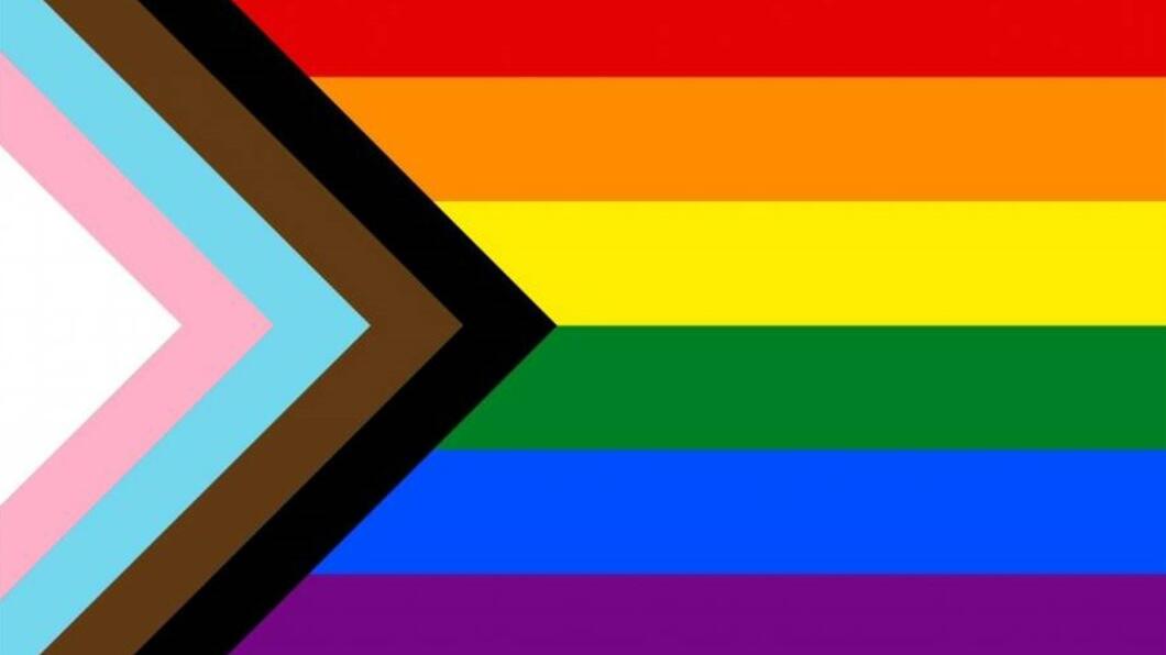 De progress-vlag: horizontaal de 6 kleuren van de regenboog, met daarin een hoek van zwart, bruin, lichtblauw, lichtroze en wit