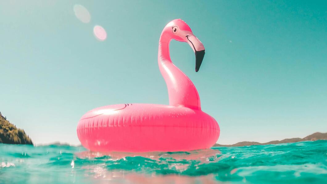 Foto van een opblaas-flamingo voor in het zwembad