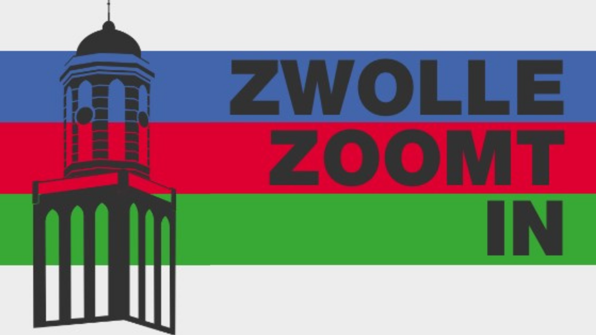 Het logo van Zwolle Zoomt in, met links een tekening van de Peperbus en op de achtergrond banen in de kleuren blauw, rood en groen.