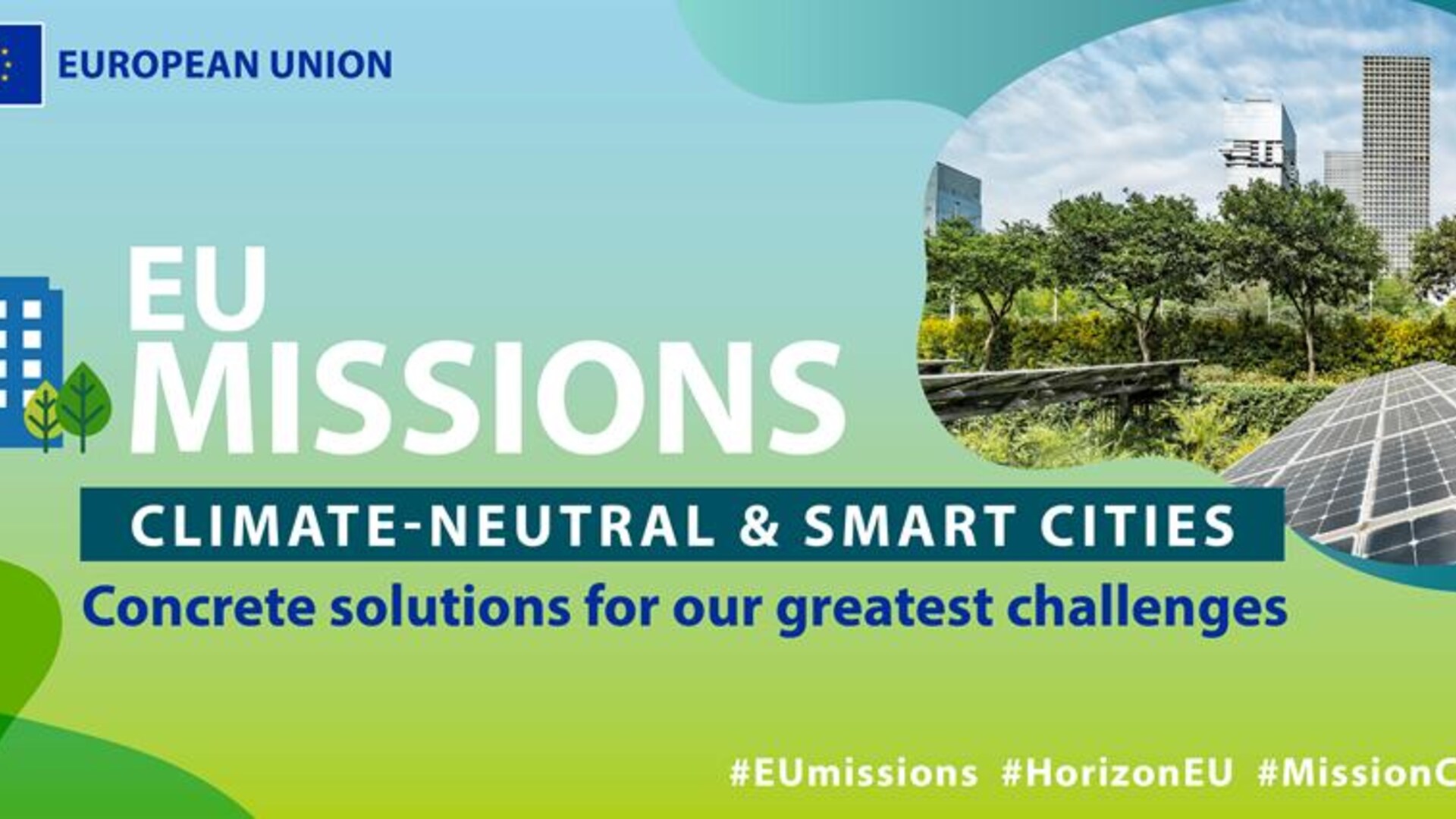 Het logo van de EU-mission met de tekst 'EU-missions climate-neutral and smart cities'