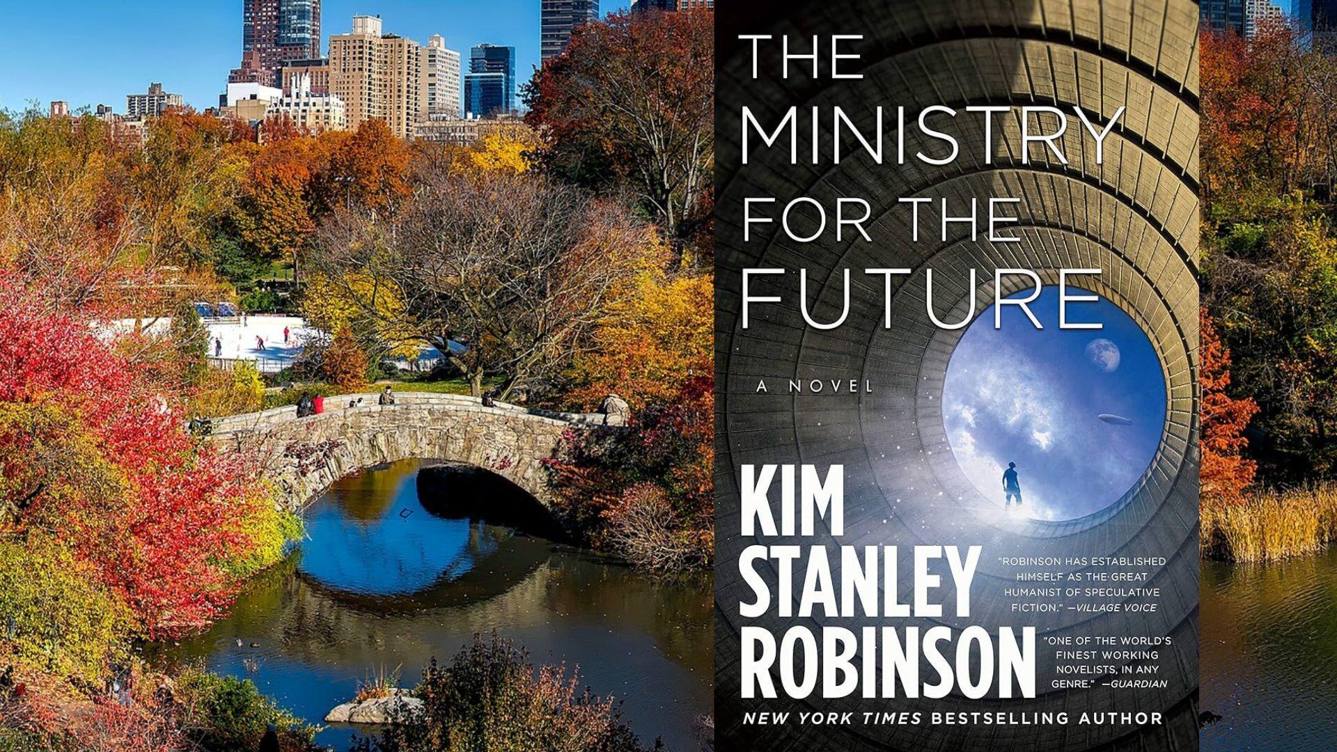 de cover van het boek The Ministry for the Future met op de achtergrond een foto van Central Park